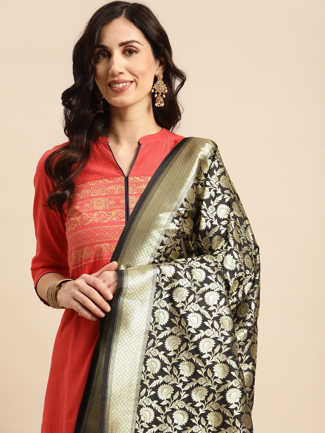 Women's Black Color Ethnic Motifs Woven Design Dupatta With Zari - Varanasi - Indiakreations