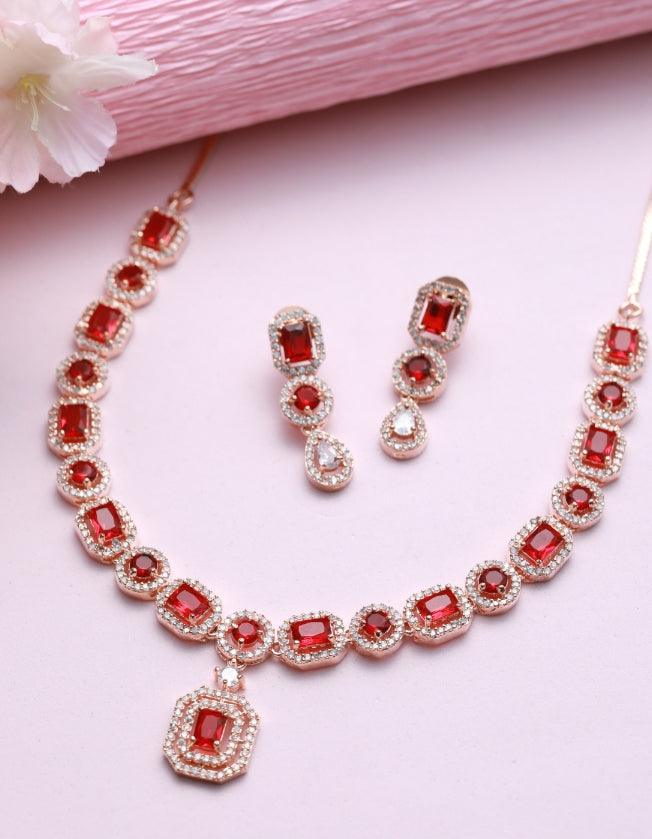 Women's Red American Diamond Rose Gold-Plated &Cz Studded Jewellery Set - Jazz And Sizzle - Indiakreations