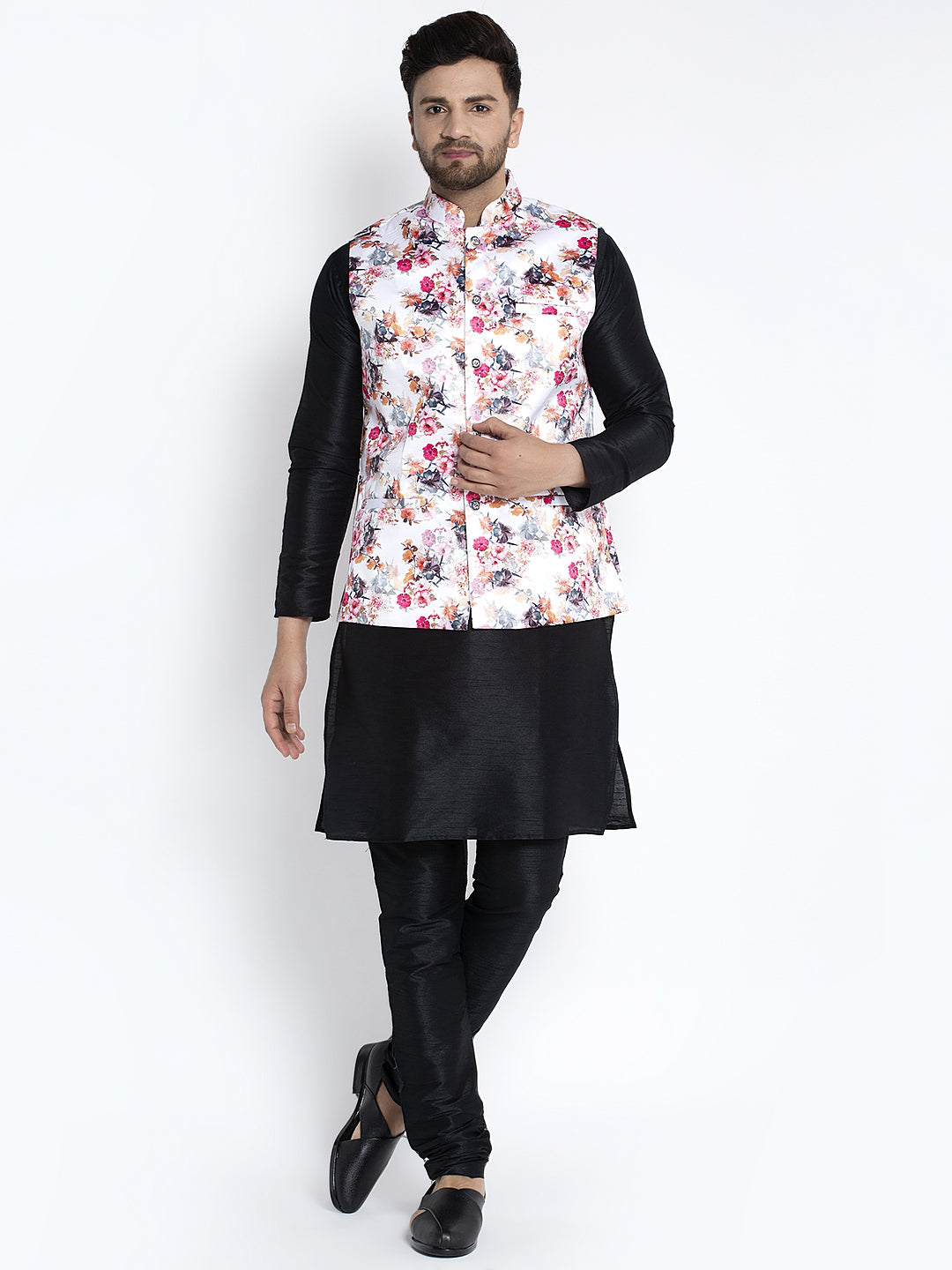 Men's Silk Blend Black Kurta With Pyjama & White Printed Nehru Jacket - Benstoke