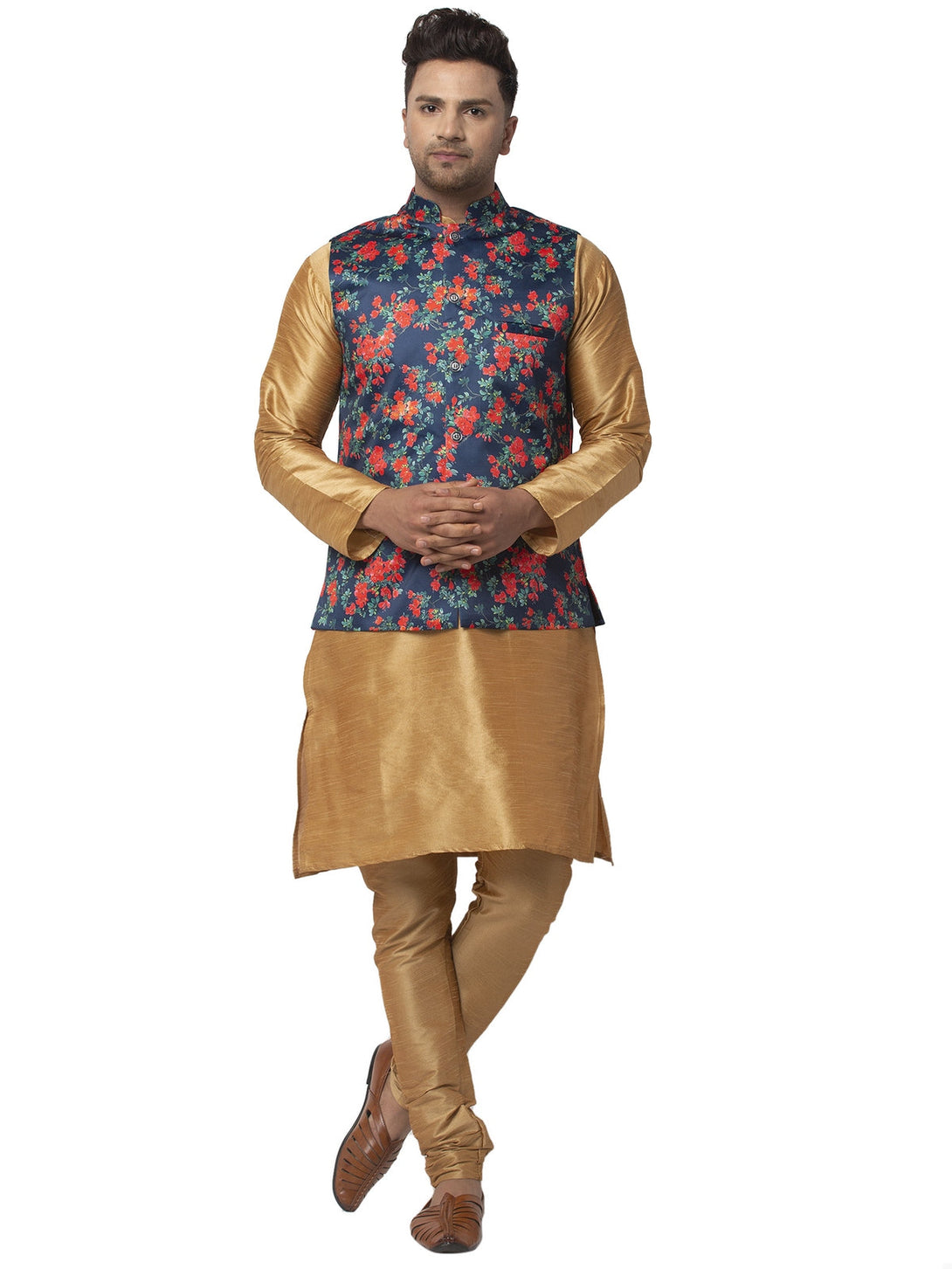 Men's Silk Blend Copper Kurta With Pyjama & Navy Blue Printed Nehru Jacket - Benstoke