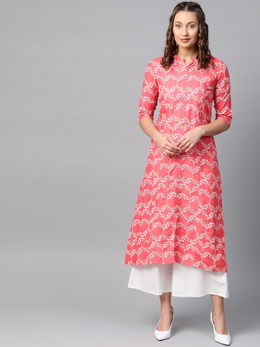 Women's Coral Pink & White Printed Kurta with Palazzos - Anubhutee