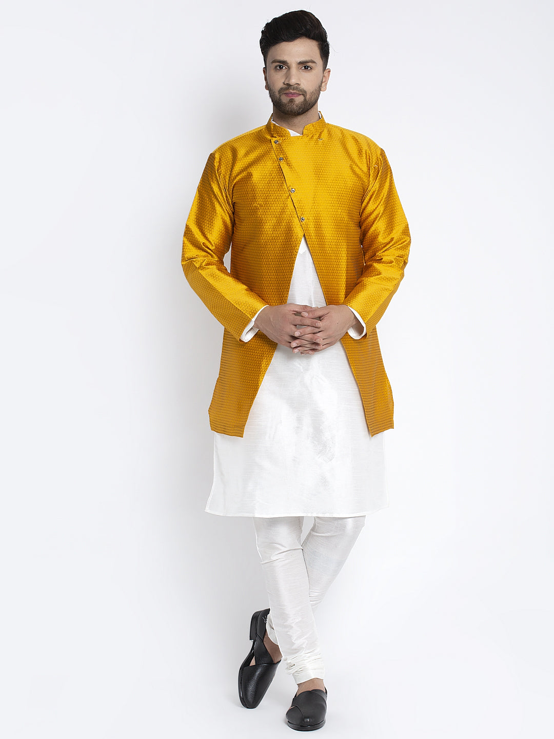 Men's White Kurta With Pyjama & Mustard Self Design Jacket - Benstoke