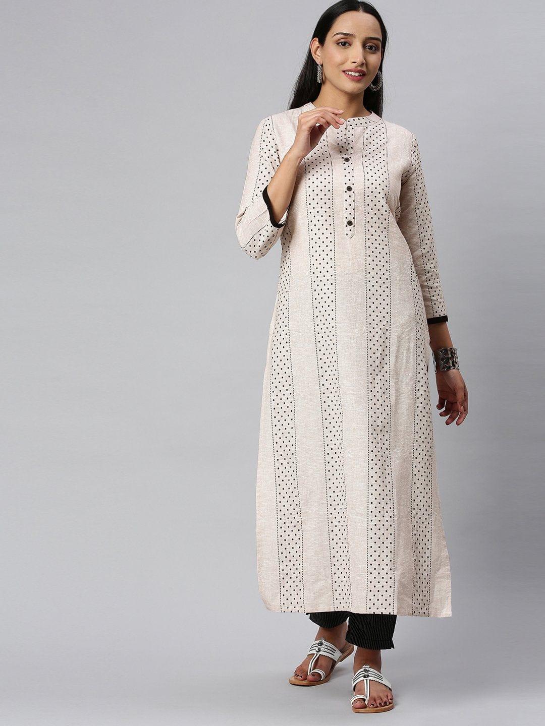 KSUT Off White And Black Polka Dot Woven Straight Kurta - Indiakreations