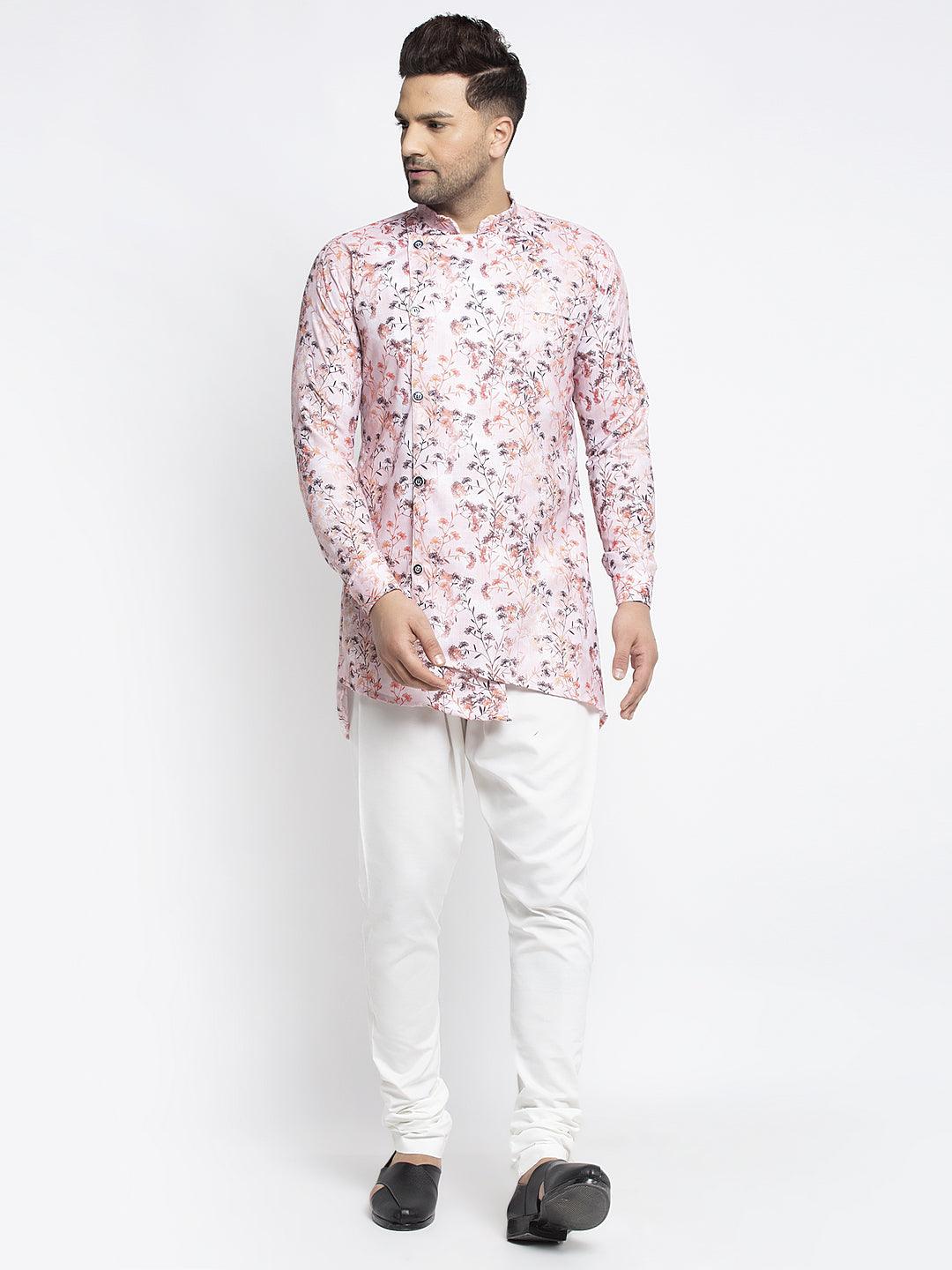 Men's Pink & Multi Printed Short Kurta With White Pyjama - Benstoke - Indiakreations