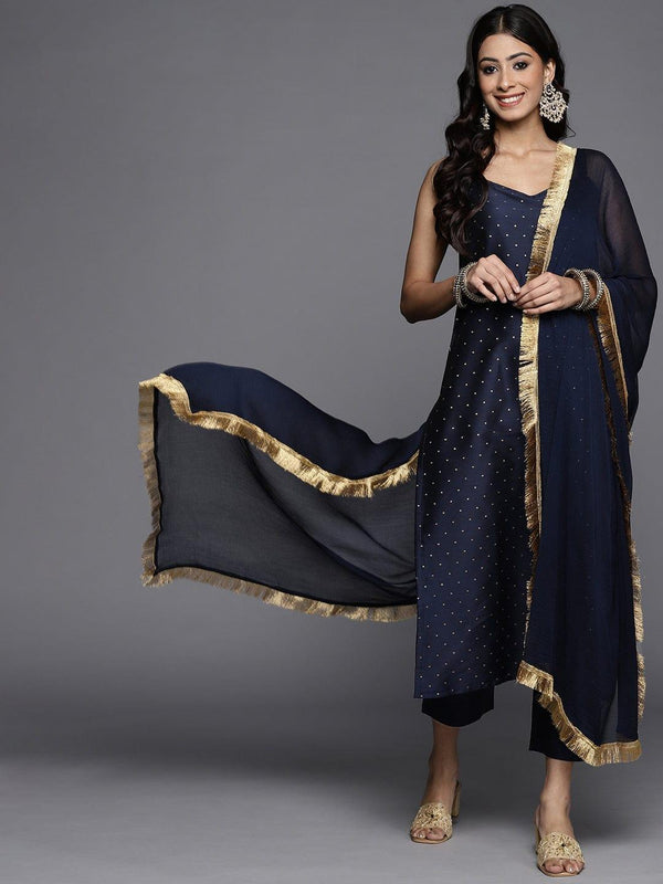 Varanga Women Navy Blue Printed Kurta with Trousers & Dupatta - Indiakreations