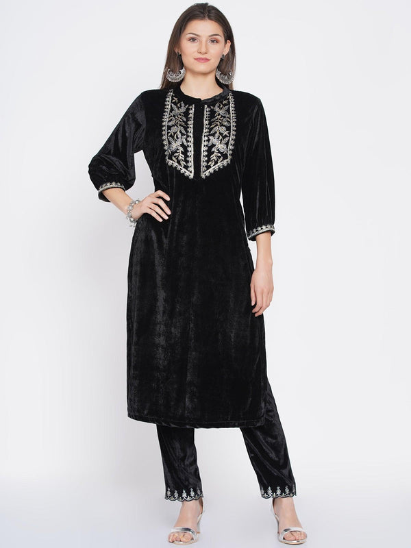 Women's Black Velvet Embroidered Kurta Set - Women Republic - Indiakreations