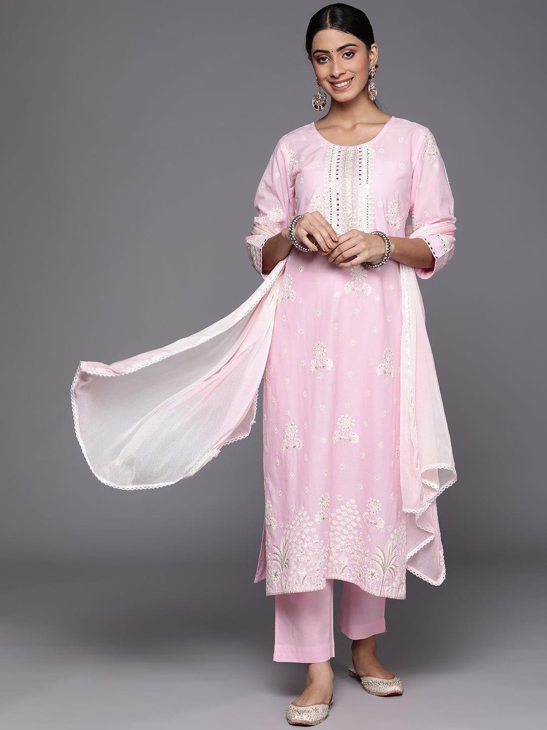 Varanga Women Pink Floral Embroidered Mirror Work Pure Cotton Kurta with Trousers & With Dupatta - Indiakreations