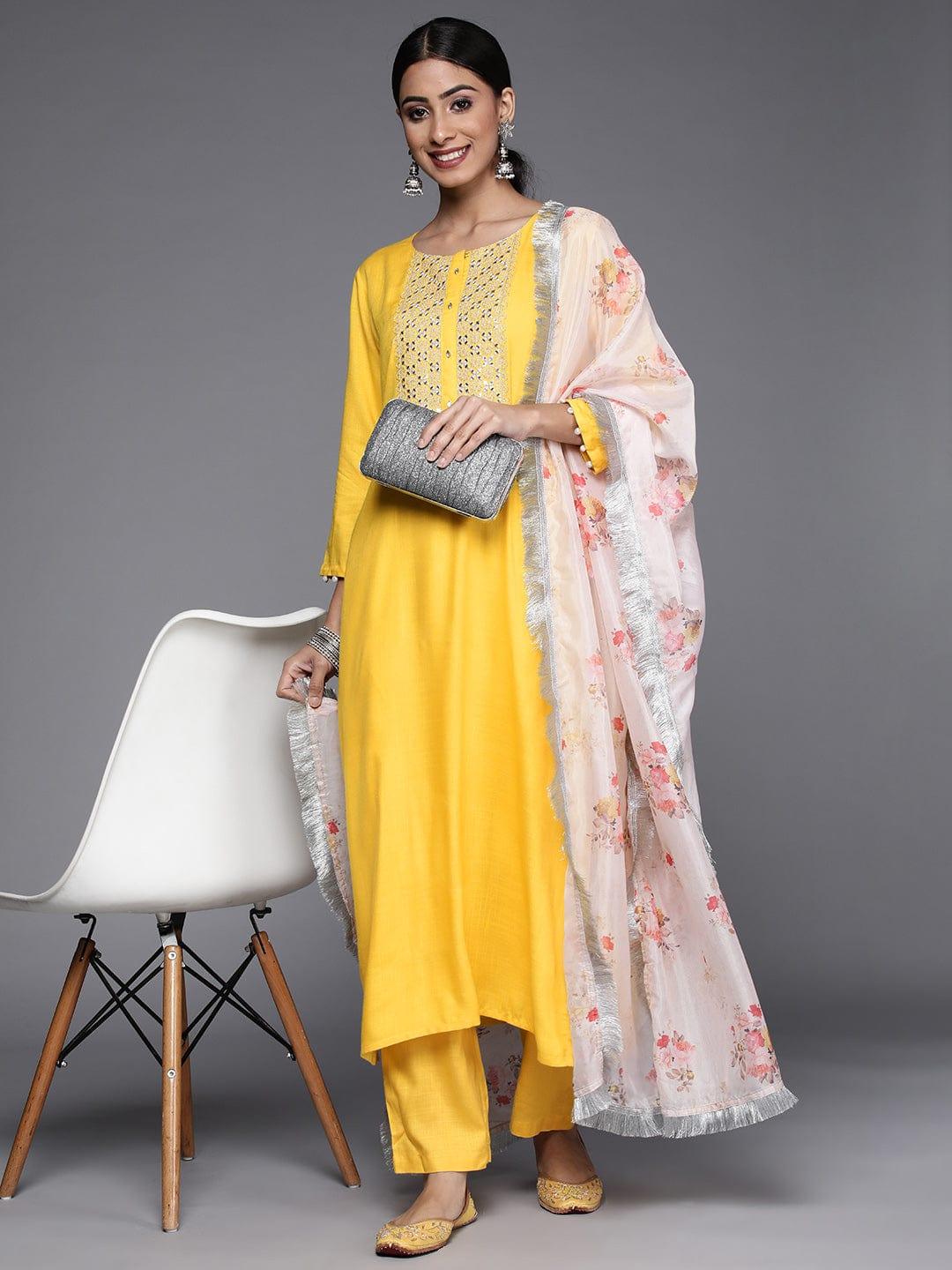 Varanga Women Yellow Yoke Design Mirror Work Kurta with Trousers & Dupatta - Indiakreations