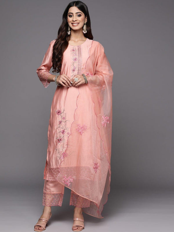 Varanga Women Peach-Coloured Embroidered Thread Work Kurta with Trousers & With Dupatta - Indiakreations