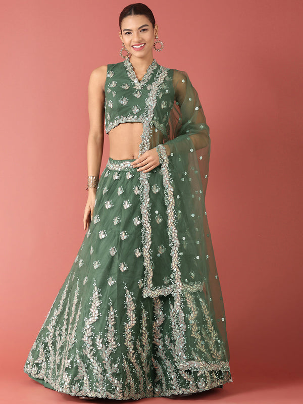 Women's Sea Green Net Sequinse Work Fully-Stitched Lehenga & stitched Blouse, Dupatta - Panchhi