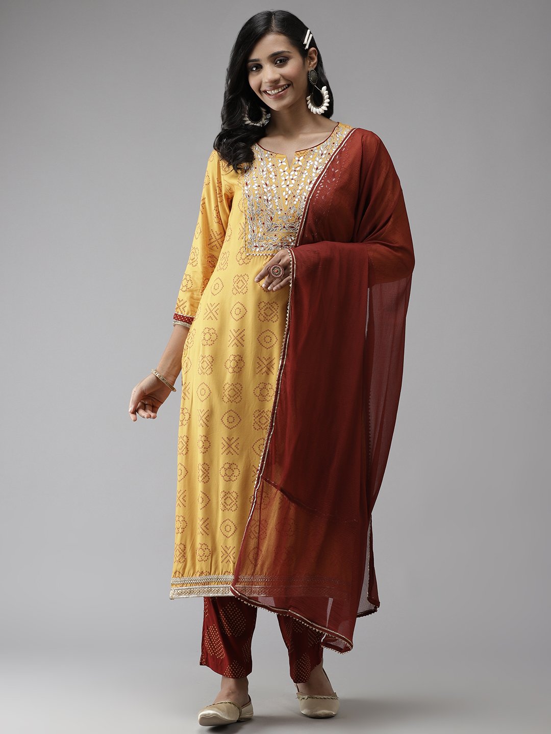 Women Yellow Printed Kurta with Palazzos and Dupatta by Anubhutee (3 Pc set)