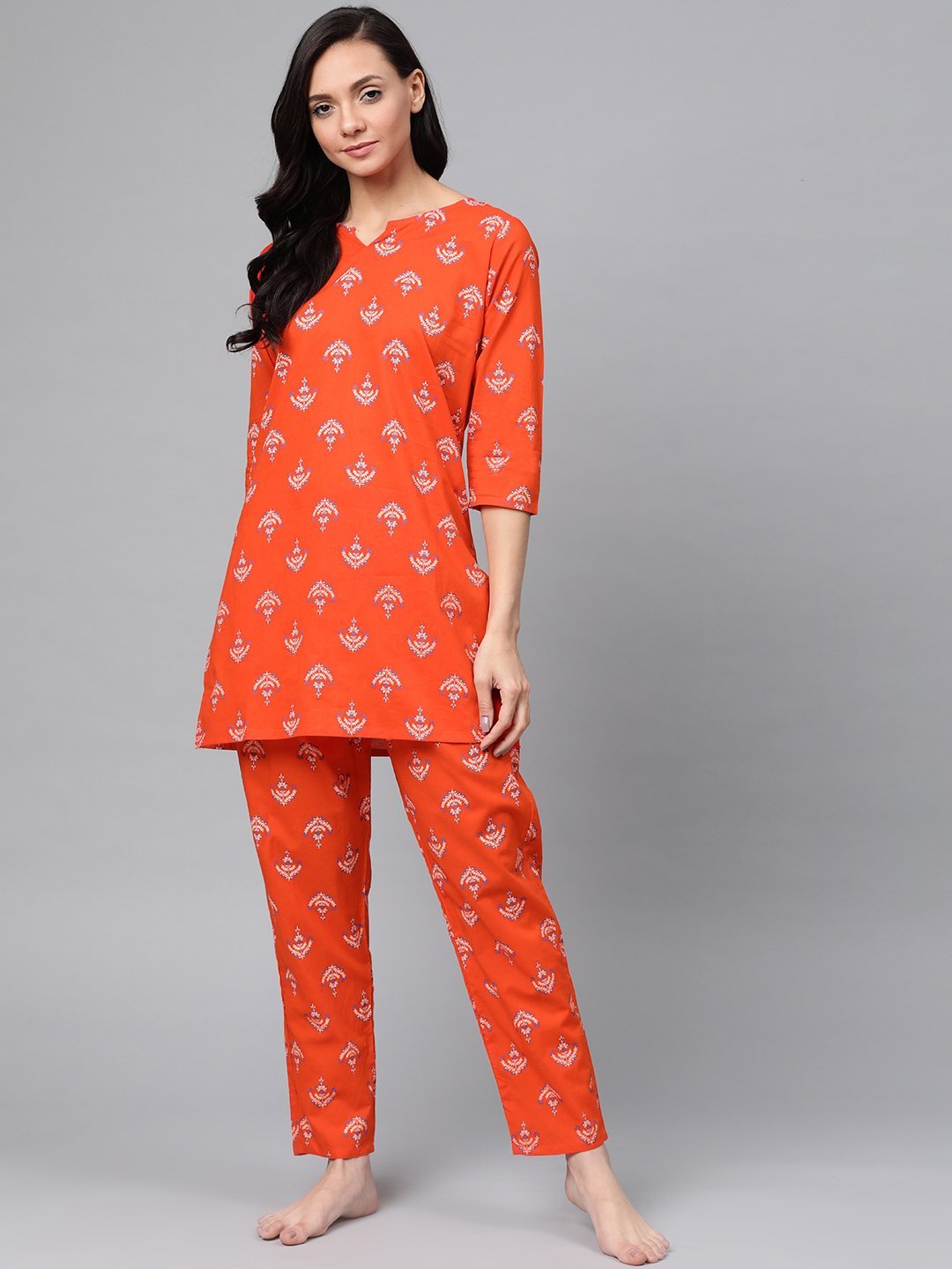 Women's Orange & White Printed Night suit - Anubhutee