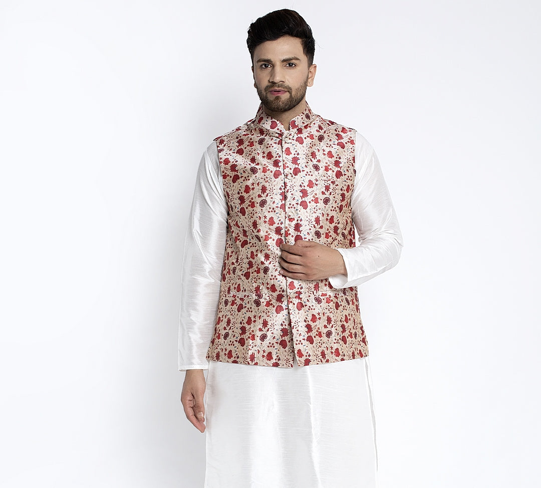 Men's Cream & Red Printed Nehru Jacket - Benstoke