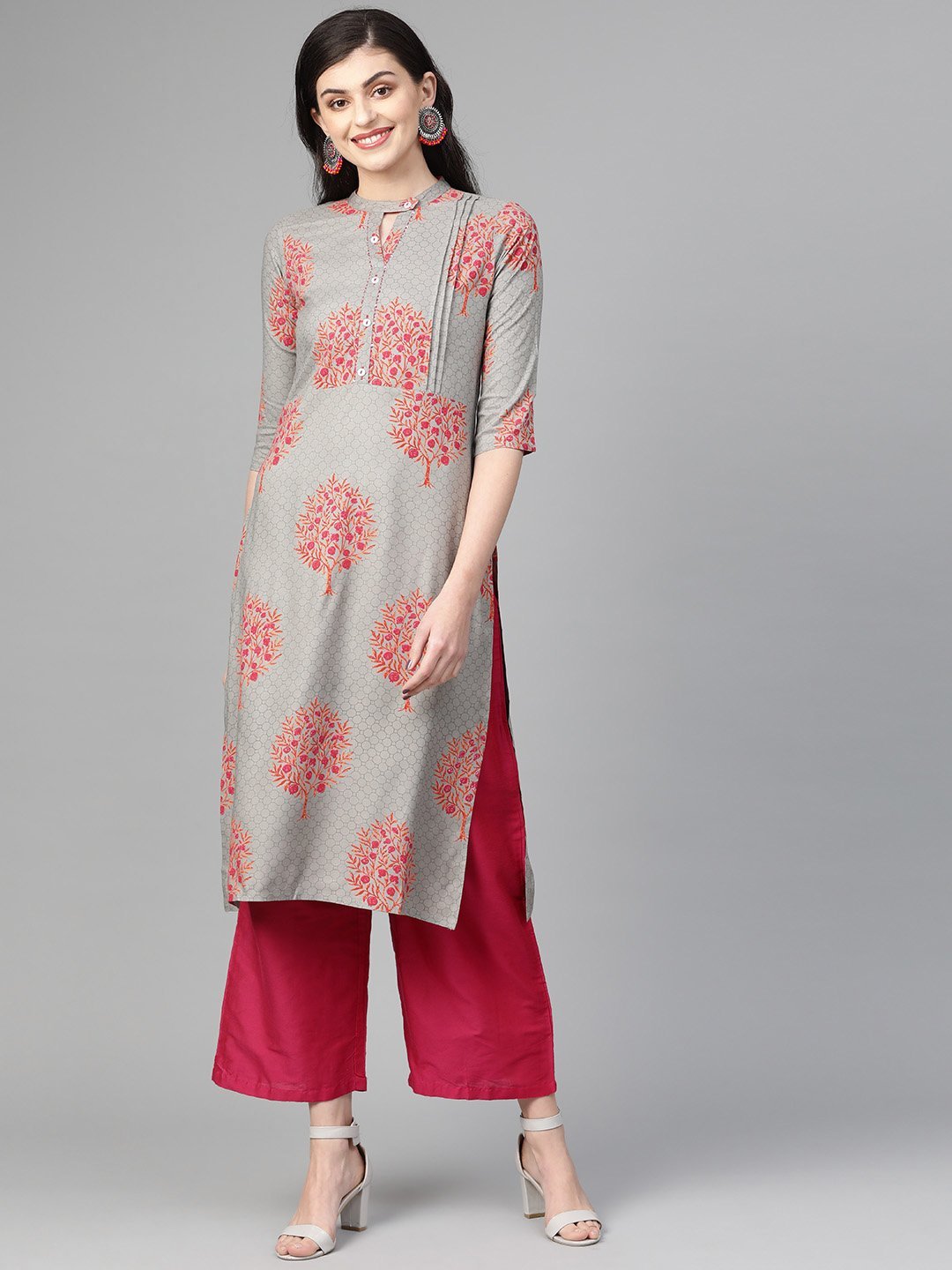 Women's Grey & Pink Printed Straight Kurta - Anubhutee