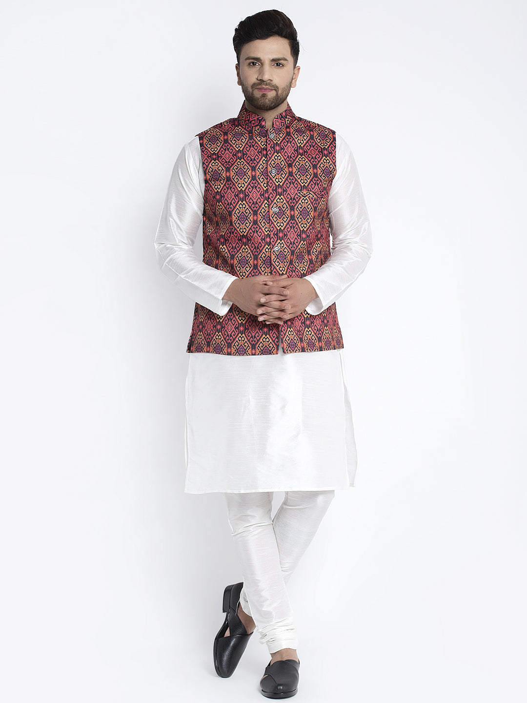 Men's Silk Blend White Kurta With Pyjama & Rust Printed Nehru Jacket - Benstoke