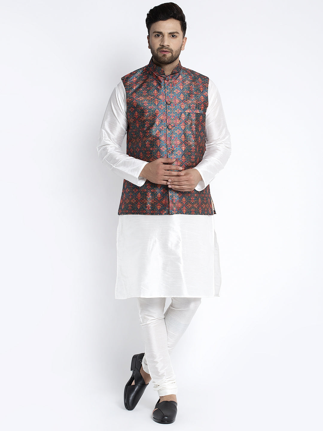 Men's Silk Blend White Kurta With Pyjama & Beige Printed Nehru Jacket - Benstoke