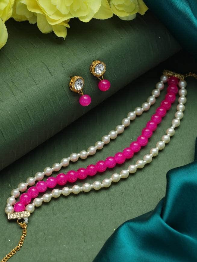 Women's Pink-Coloured Gold-Plated Pearl Necklace Set - Jazz And Sizzle - Indiakreations