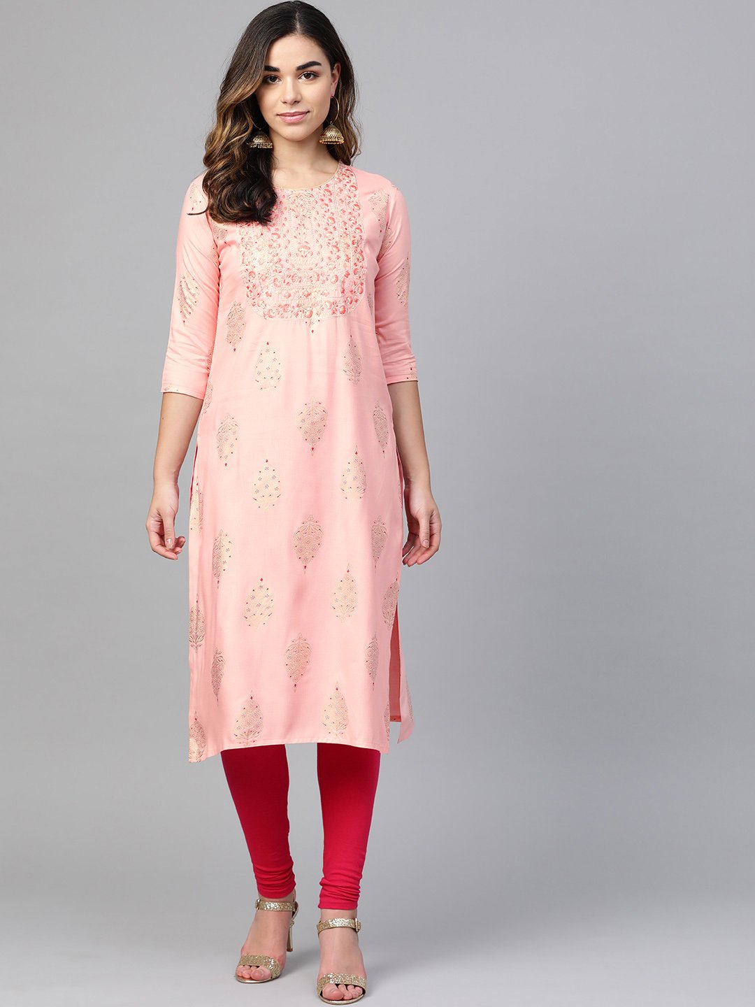 Women's Pink & Golden Foil Printed Straight Kurta - Anubhutee