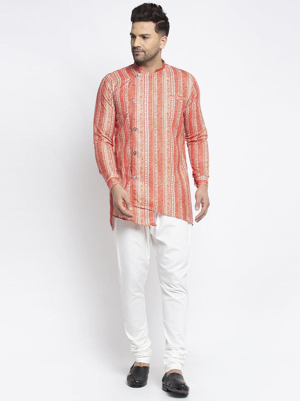 Men's Orange & Beige Printed Short Kurta With White Pyjama - Benstoke - Indiakreations