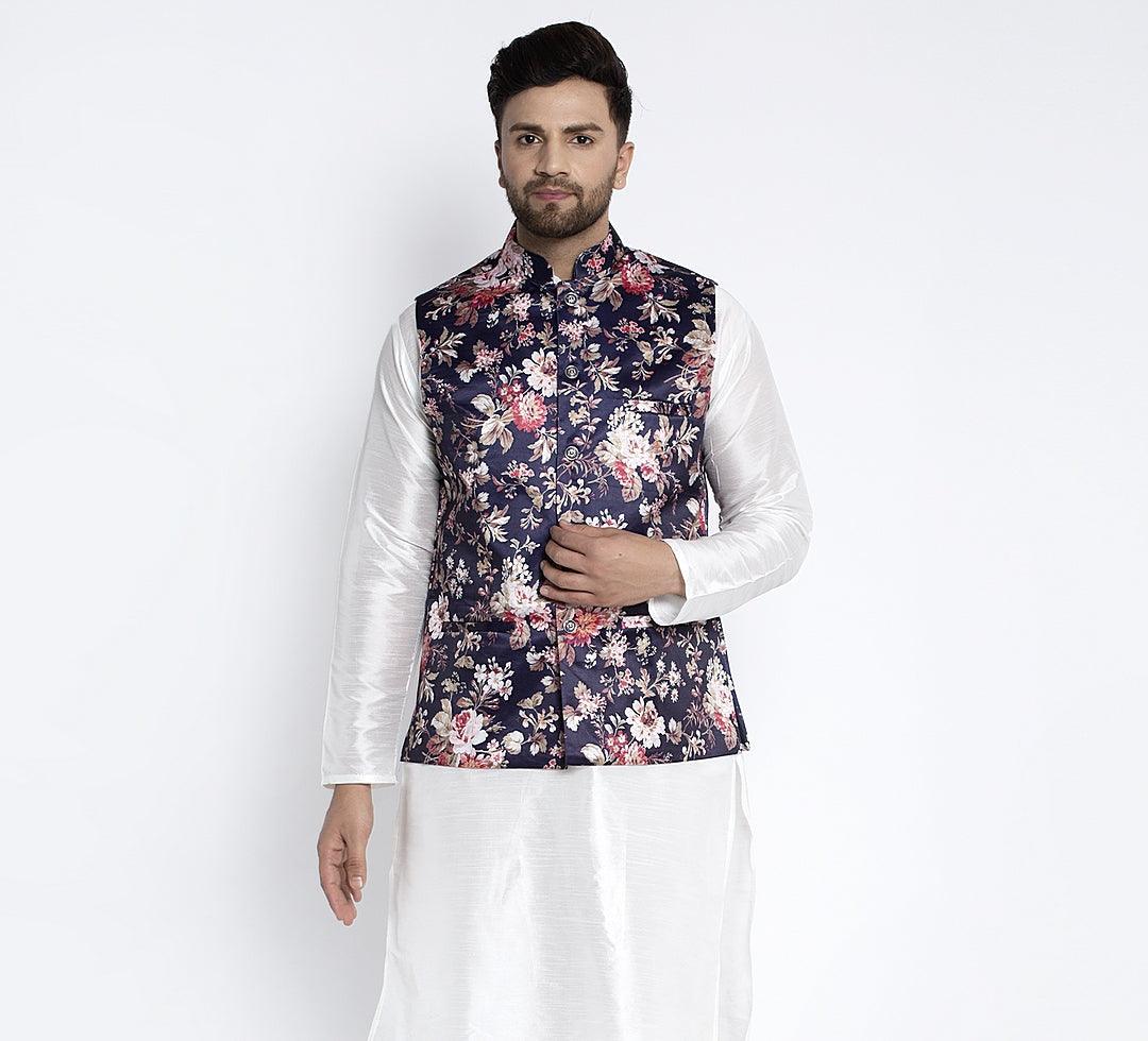 Men's Navy Blue & Multi Printed Nehru Jacket - Benstoke - Indiakreations