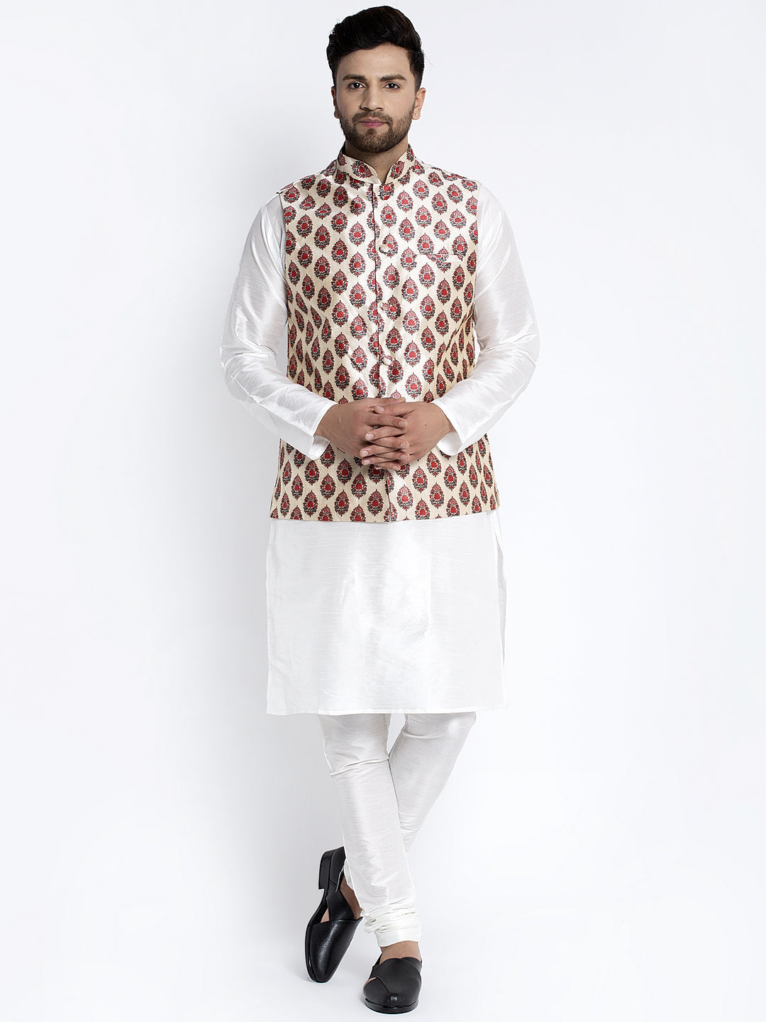 Men's Silk Blend White Kurta With Pyjama & Cream Printed Nehru Jacket - Benstoke