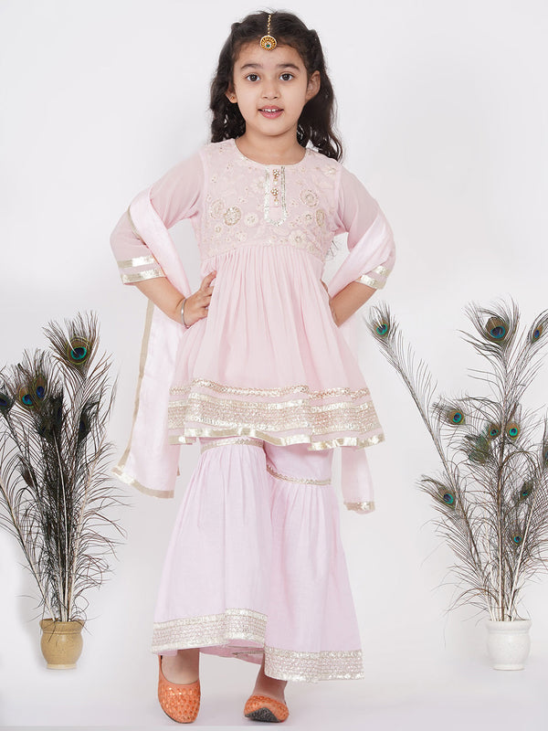 Girl's jaipuri Lacework and Gotta Patti work Kurta frock with Sharara and Silk Dupatta - Baby Pink - Little Bansi Girls