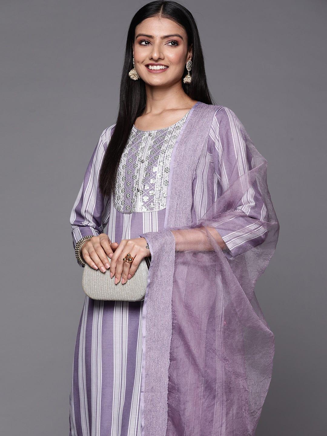 Varanga Women Lavender & White Embroidered Kurta with Trousers & Dupatta - Indiakreations