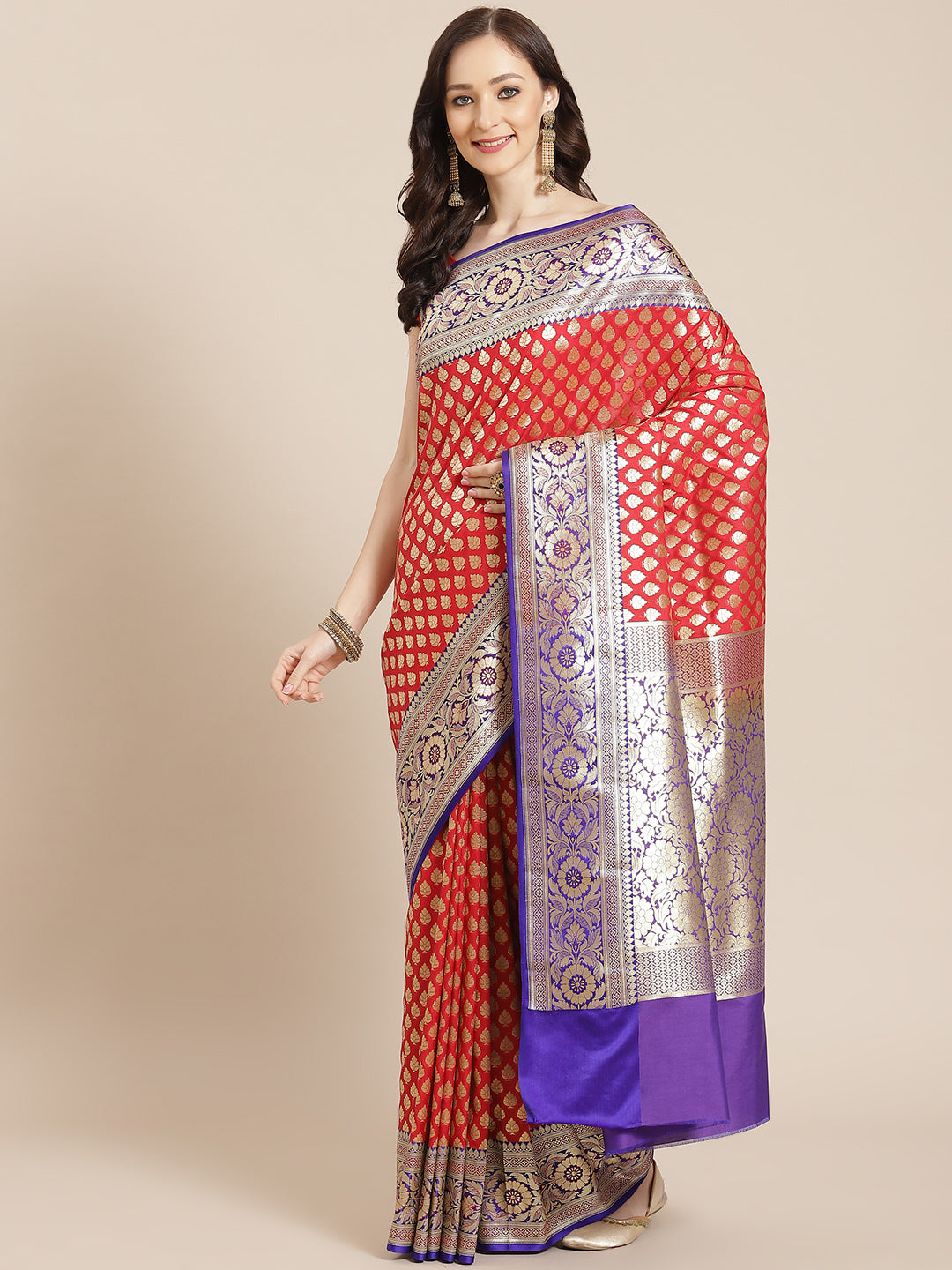 Women's Red Semi Silk Zari Woven Saree - Varanasi - Indiakreations