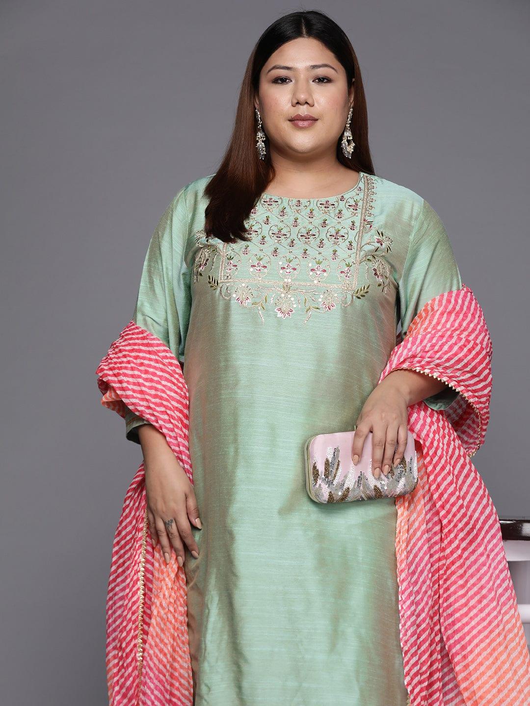 Varanga Women Plus Size Sea Green Embroidered Sequinned Kurta with Trousers & Dupatta - Indiakreations