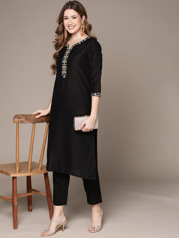 Women's Black Zari Embroidered Kurta Set with Trousers - Anubhutee