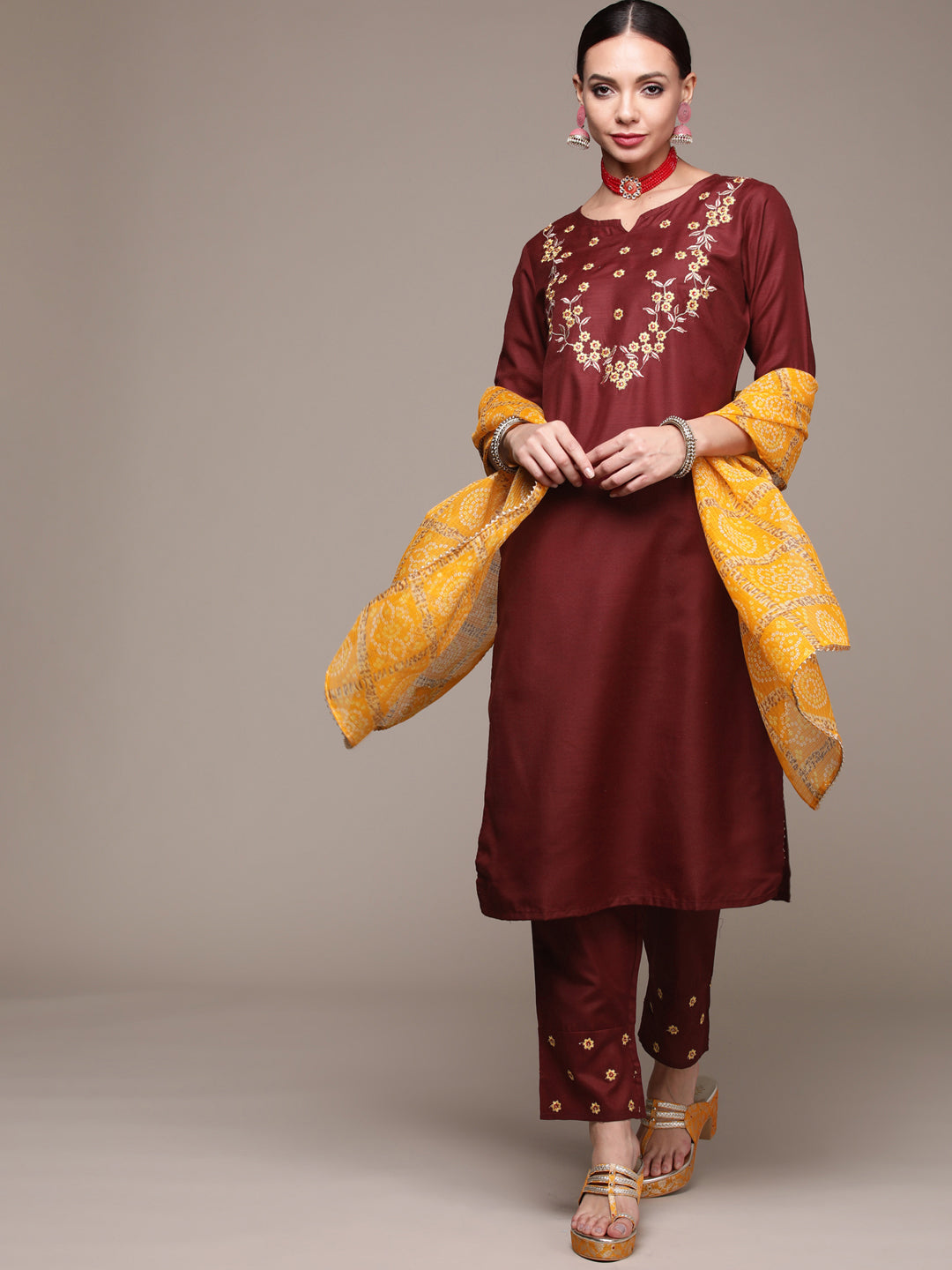 Women's Maroon Floral Embroidered Kurta Set With Trousers And Dupatta - Anubhutee