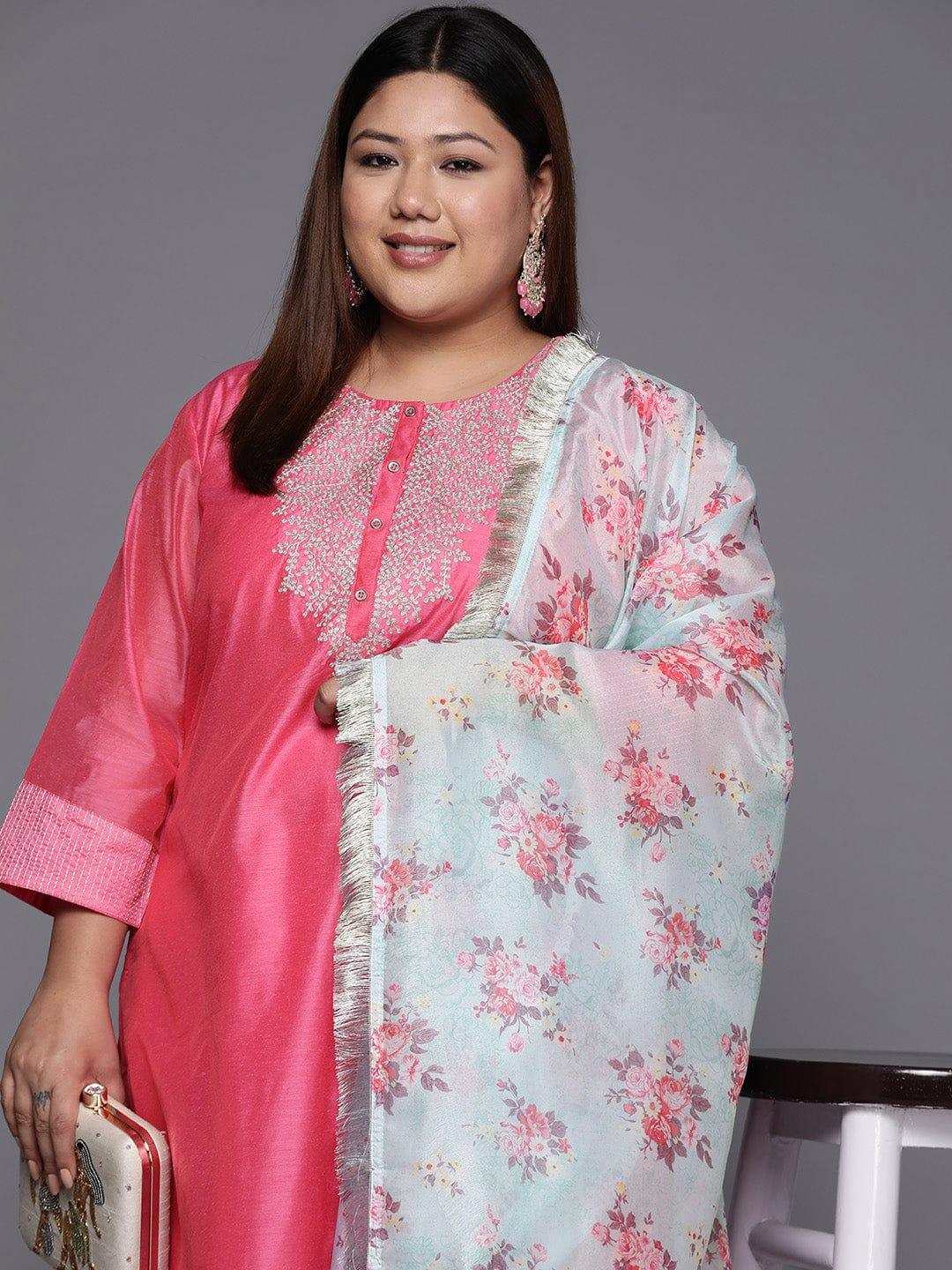 Varanga Women Plus Size Floral Yoke Design Sequinned Chanderi Silk Kurta with Trousers & Dupatta - Indiakreations