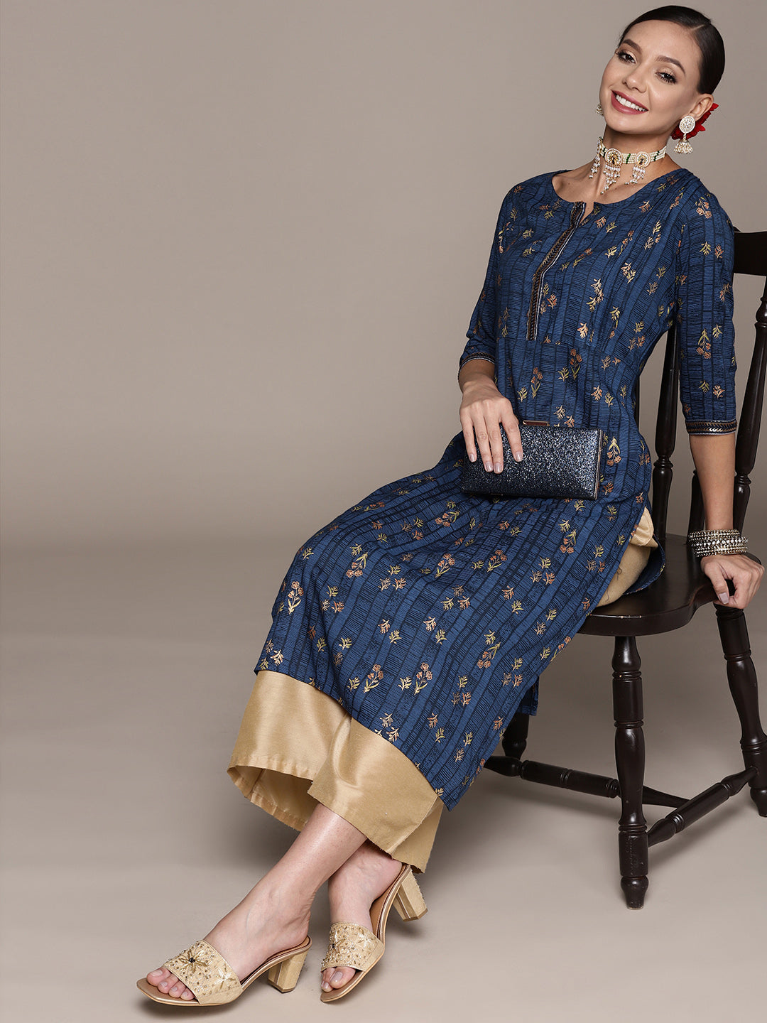 Women's Royal Blue Ethnic Motifs Rayon Printed Kurta  - Anubhutee