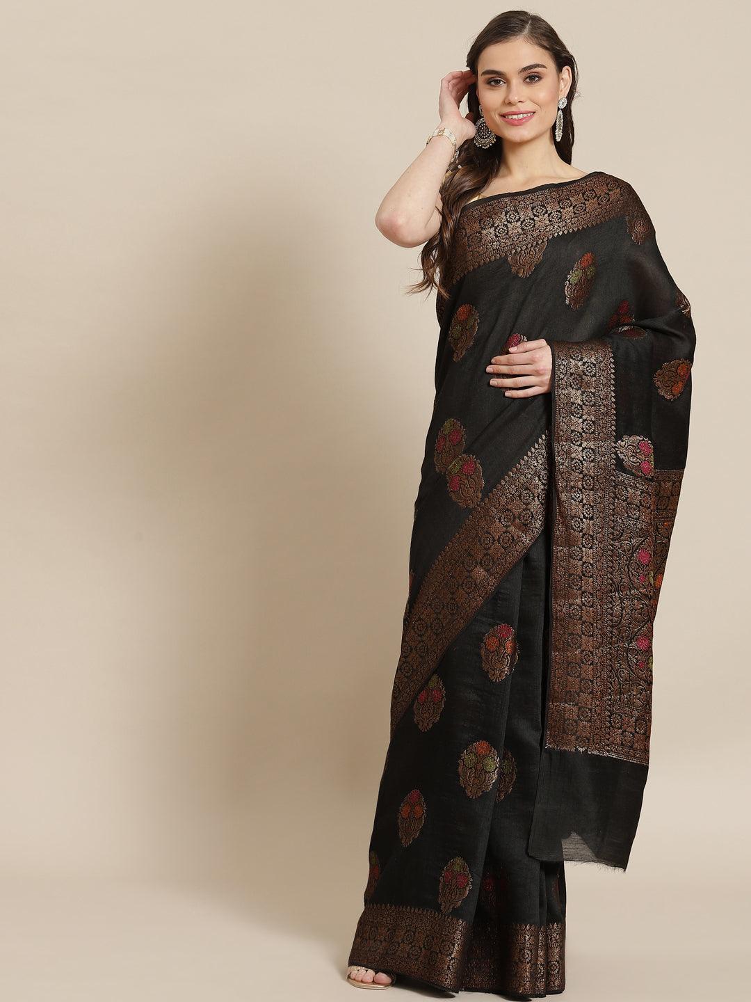 Women's Black Pure Muga Silk Saree - Varanasi - Indiakreations