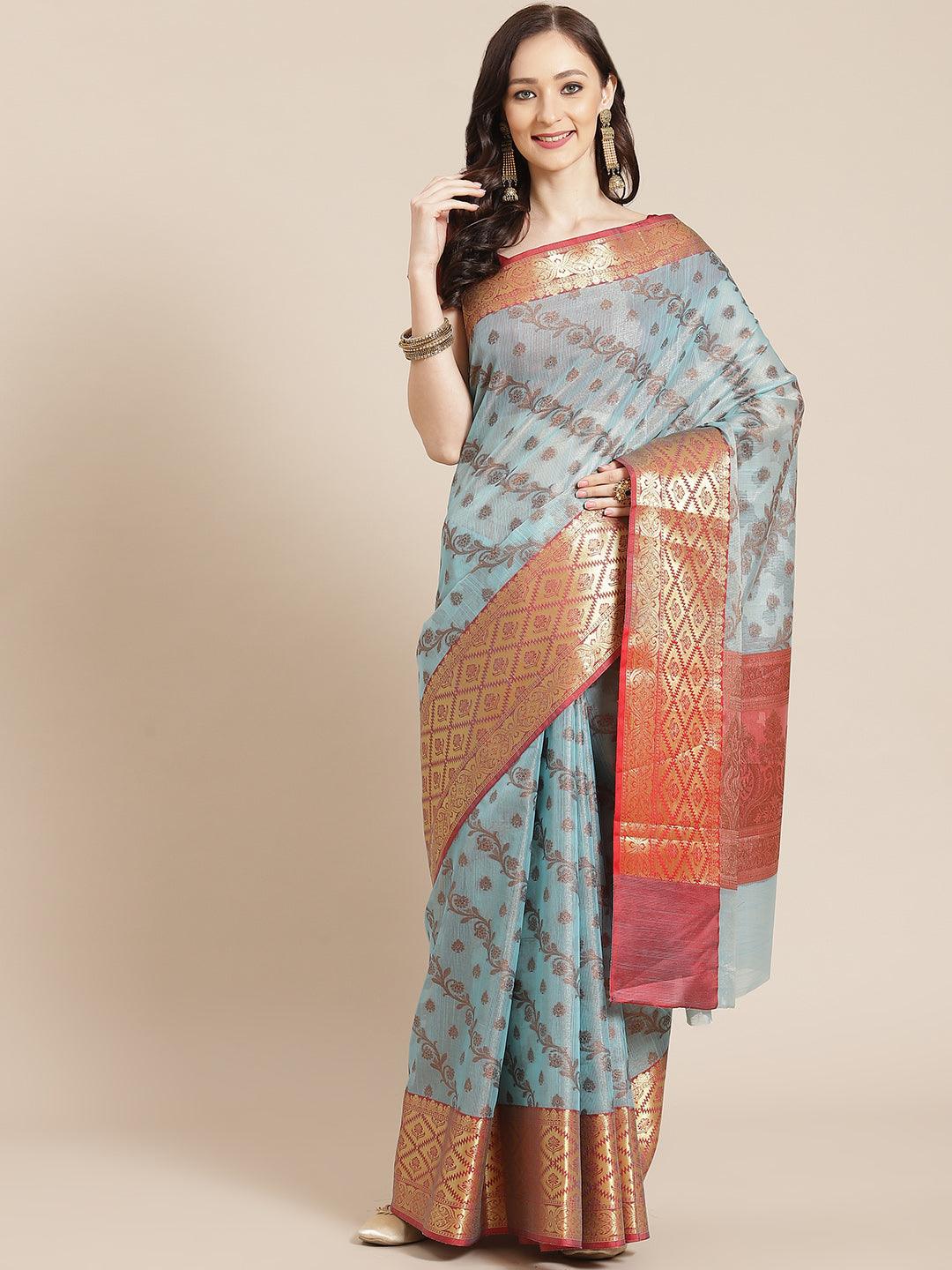 Women's Blue Cotton Silk Saree - Varanasi - Indiakreations