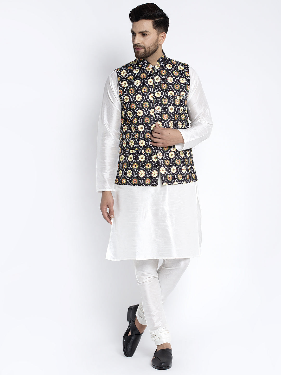 Men's Silk Blend White Kurta With Pyjama & Black Printed Nehru Jacket - Benstoke