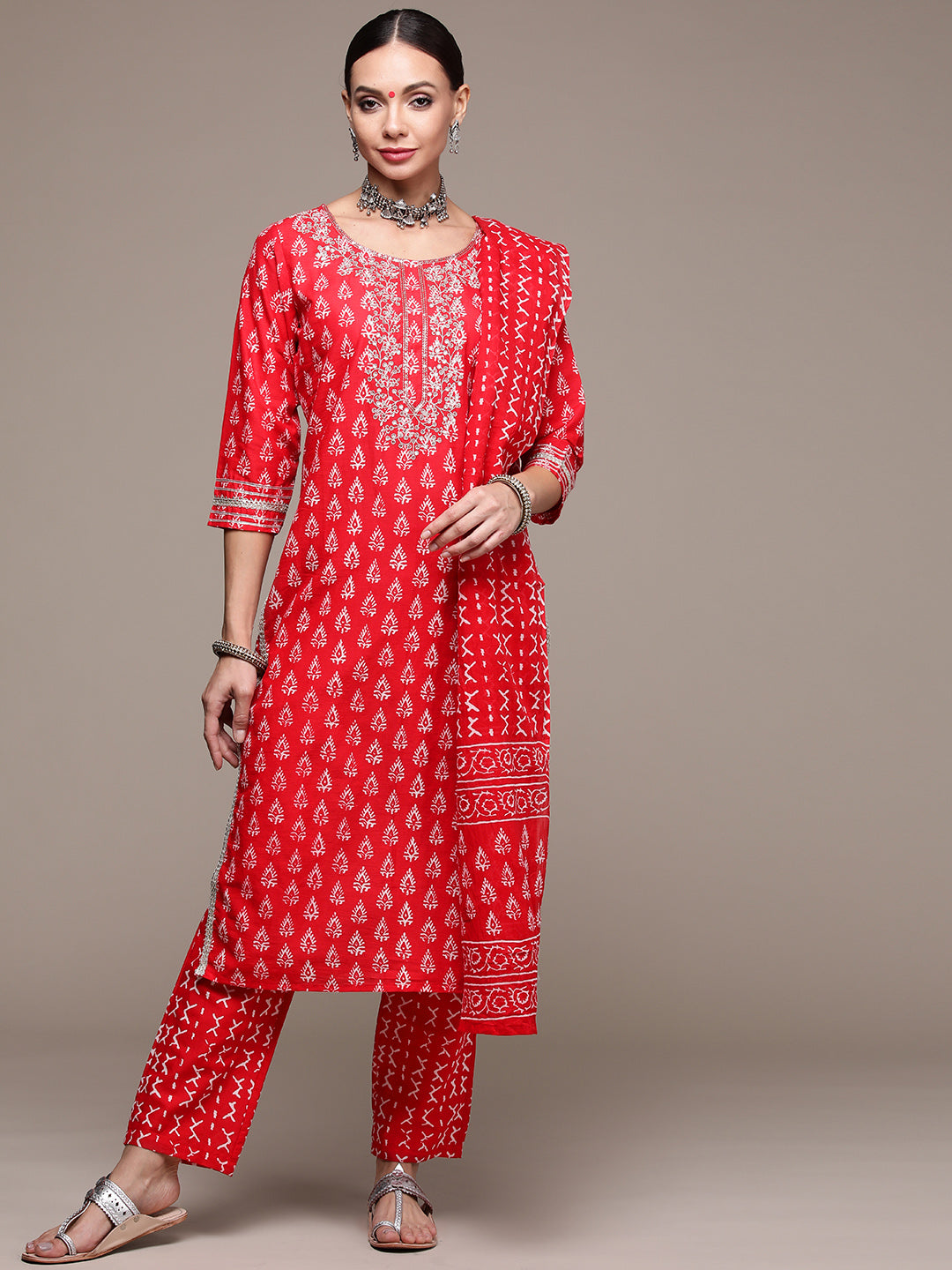 Women's Red Lace Sequinned Printed Kurta Set With Trousers And Dupatta - Anubhutee