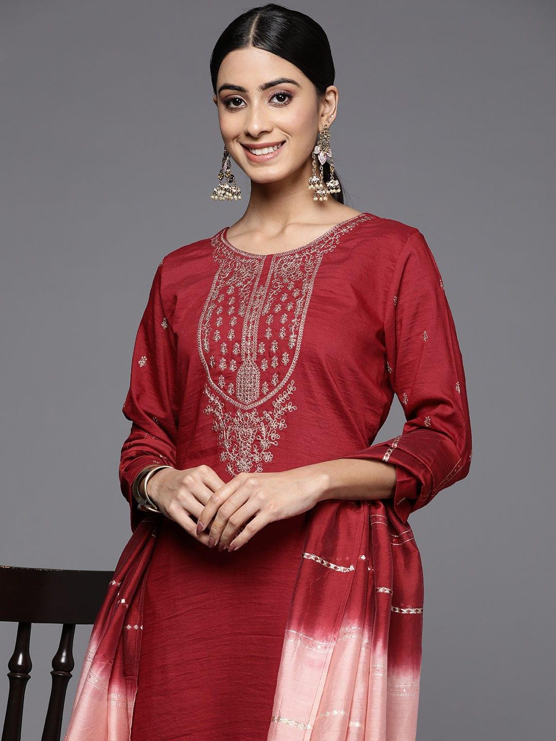 Varanga Maroon Embroidered Kurta With Embroidered Trouser And Ombre Dupatta - Indiakreations