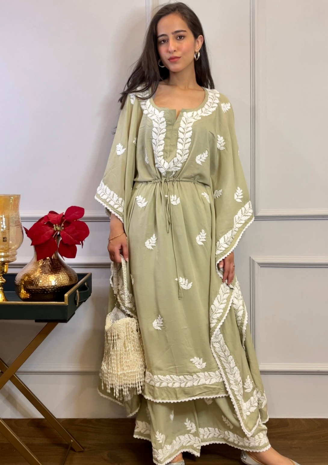 Afreen kaftan set with Chikankari embroidery and modal cotton in mehendi green colour