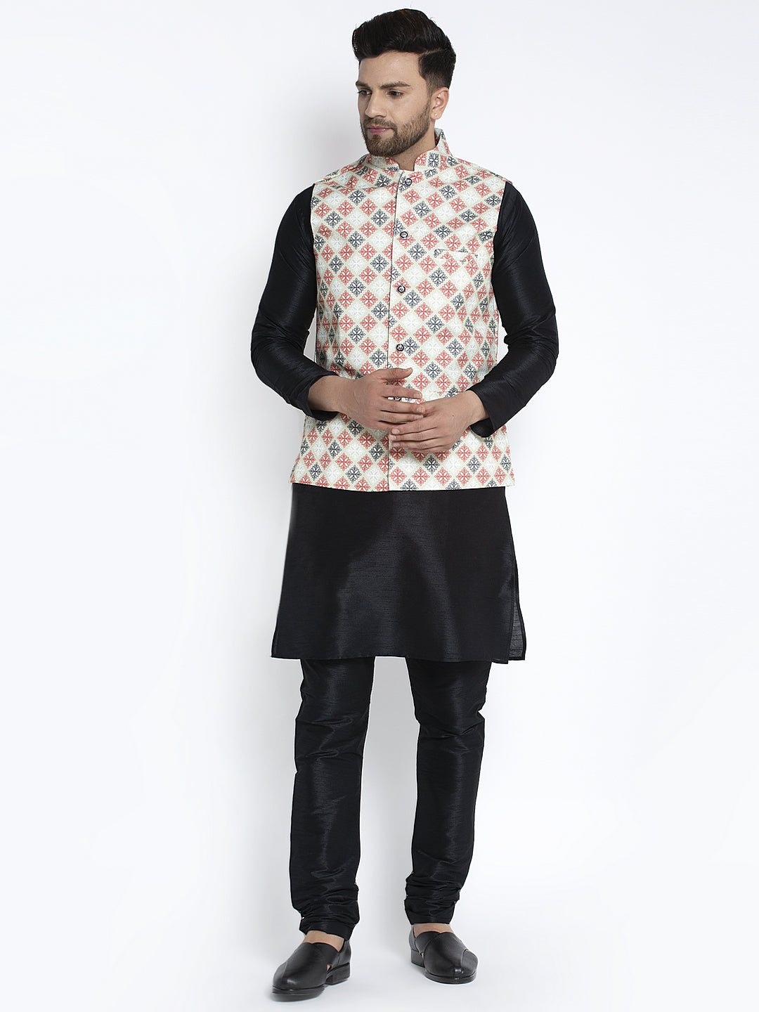 Men's Silk Blend Black Kurta With Pyjama & Green Printed Nehru Jacket - Benstoke