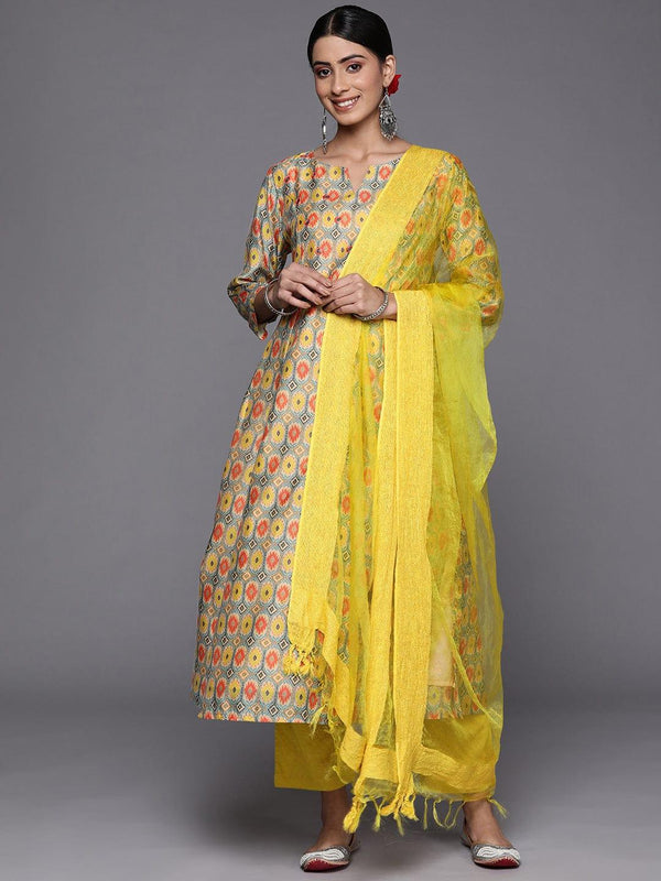 Varanga Women Lime Green Ethnic Motifs Printed Mirror Work Kurta with Trousers & With Dupatta - Indiakreations