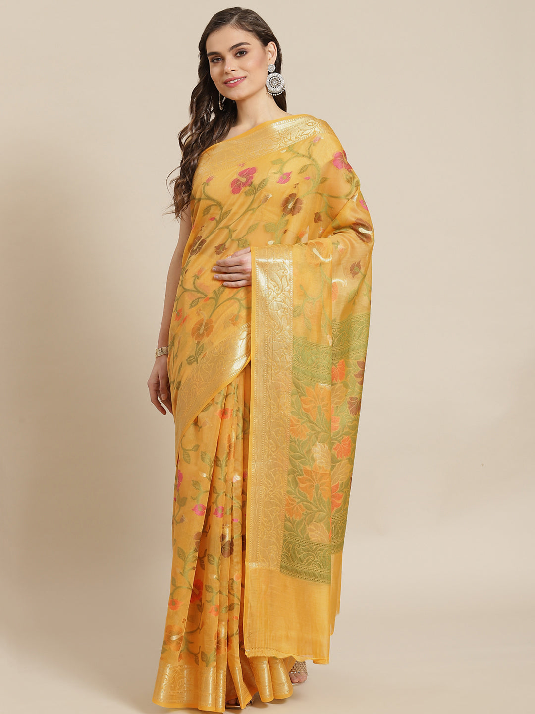 Women's Yellow Cotton Silk Cutwork Saree - Varanasi - Indiakreations