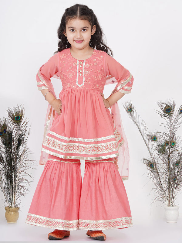 Girl's Jaipuri Lacework And Gotta Patti Work Kurta Frock With Sharara And Dupatta - Coral - Little Bansi Girls