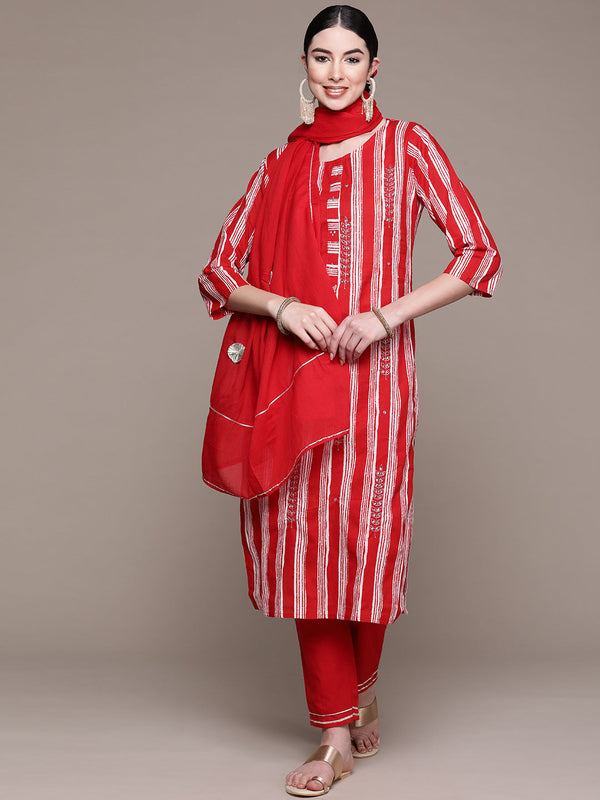 Women's Red and White Embroidered Kurta with Palazzos & Dupatta - Anubhutee