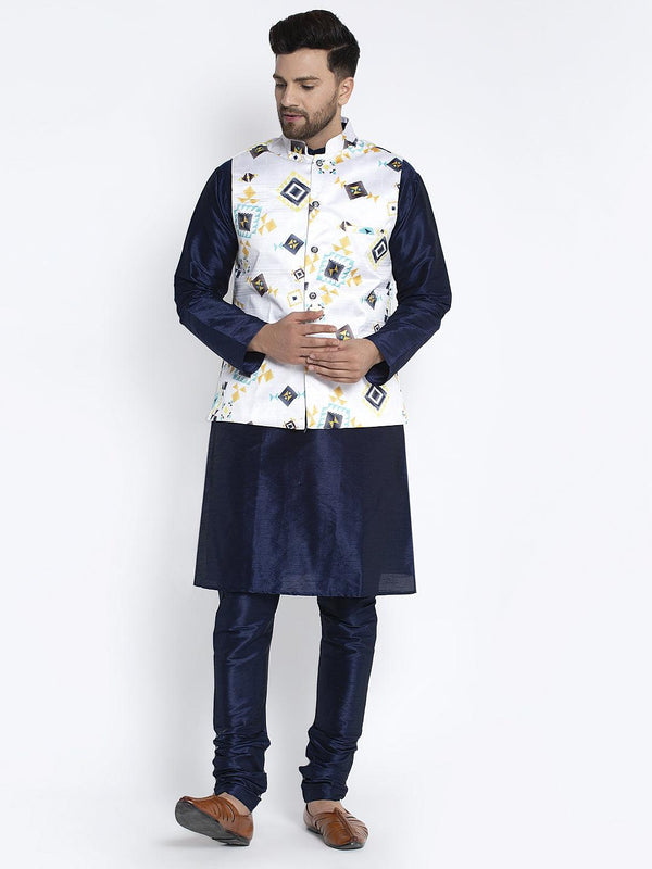 Men's Silk Blend Navy Blue Kurta With Pyjama & White Printed Nehru Jacket - Benstoke - Indiakreations