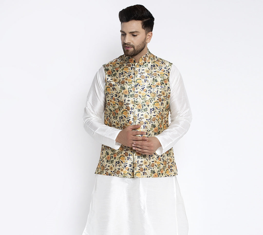 Men's Lime Green & Multi Printed Nehru Jacket - Benstoke