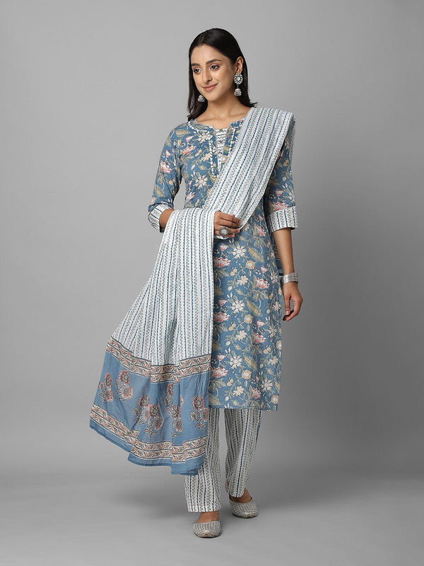 Women's Blue And White Floral Printed Side Slit Straight Kurta Palazzo And Dupatta Set - Azira