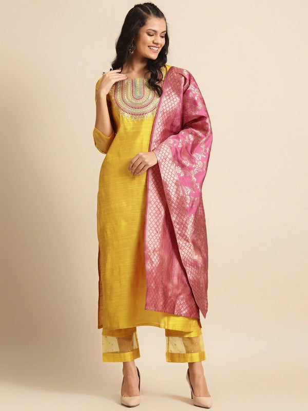 Mustard Yellow & Pink Embroidered Kurta with Trousers & Dupatta - Indiakreations