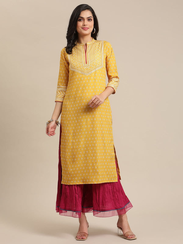 Women's Mustard Bandhej Printed Kurta With Pink Cord Pipen Detailing - Varanga