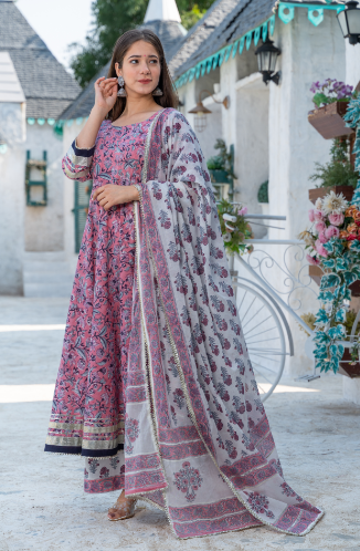 Women's Pink Hand Block Print Kurta Dupatta Set